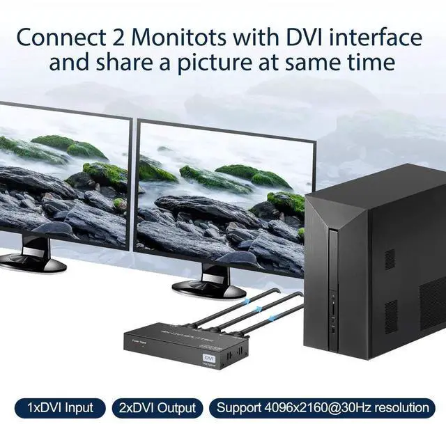 Alt view image 5 of 6 - DVI Splitter 1 in 2 Out 2 Port DVI Dual Monitors Distribution Duplicator Video Splitter Support EDID Management Resolution up to 4K30Hz for PC Laptop DVR Projector HDTV