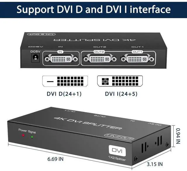 Alt view image 2 of 6 - DVI Splitter 1 in 2 Out 2 Port DVI Dual Monitors Distribution Duplicator Video Splitter Support EDID Management Resolution up to 4K30Hz for PC Laptop DVR Projector HDTV