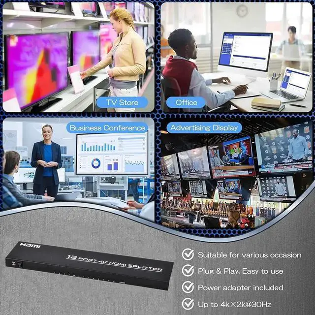 Alt view image 4 of 6 - HDMI Splitter 1 in 12 Out, 4K@30Hz Powered Video Split Duplicator/Distributor Duplicate/Mirror Screen, 3D 4K for Watching Sports Matches, Exhibitions, TV Stores