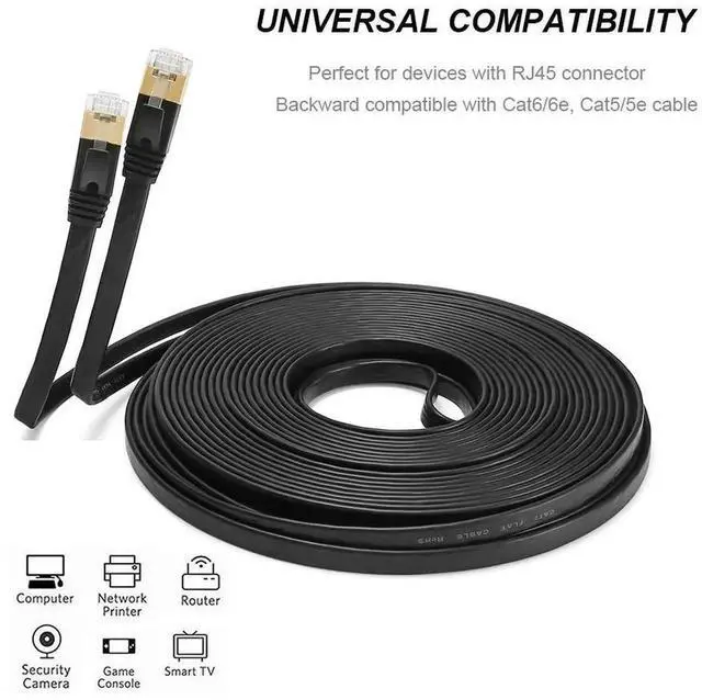 Alt view image 5 of 7 - CAT8 Ethernet Cable 25 ft High Speed, Shielded Flat Internet Cable with Clips, for Router/Gaming/Modem - Black
