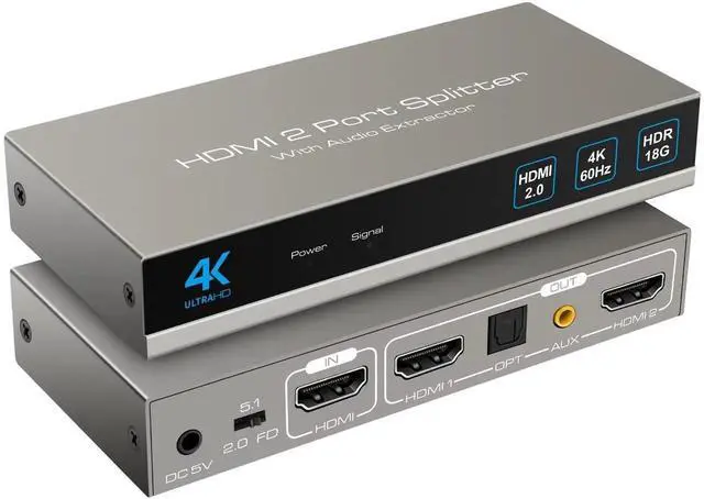 Main image of HDMI Splitter Audio Extractor 4K60Hz 1 in 2 Out with Optical and 3.5mm for Dual Monitors Duplicate or Mirror Only Supports HDMI 2.0 18G HDR Scale HDCP EDID Dolby DTS