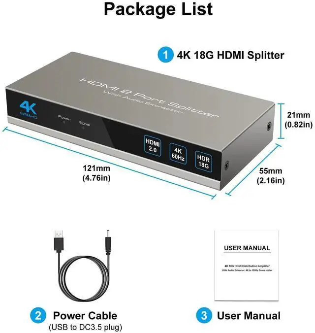 Alt view image 5 of 7 - HDMI Splitter Audio Extractor 4K60Hz 1 in 2 Out with Optical and 3.5mm for Dual Monitors Duplicate or Mirror Only Supports HDMI 2.0 18G HDR Scale HDCP EDID Dolby DTS
