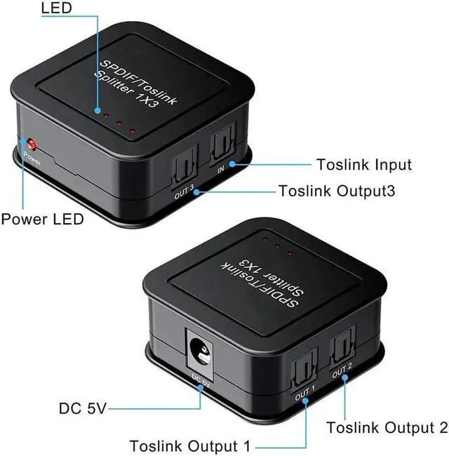 Alt view image 2 of 6 - SPDIF/Toslink Digital Optical Audio Splitter 1x3, Optical Audio 1X3 Splitter, Support Dolby Digital & DTS 5.1 for PS3, Xbox, Blue-Ray DVD, HDTV,TV Box(1 Input 3 Output)