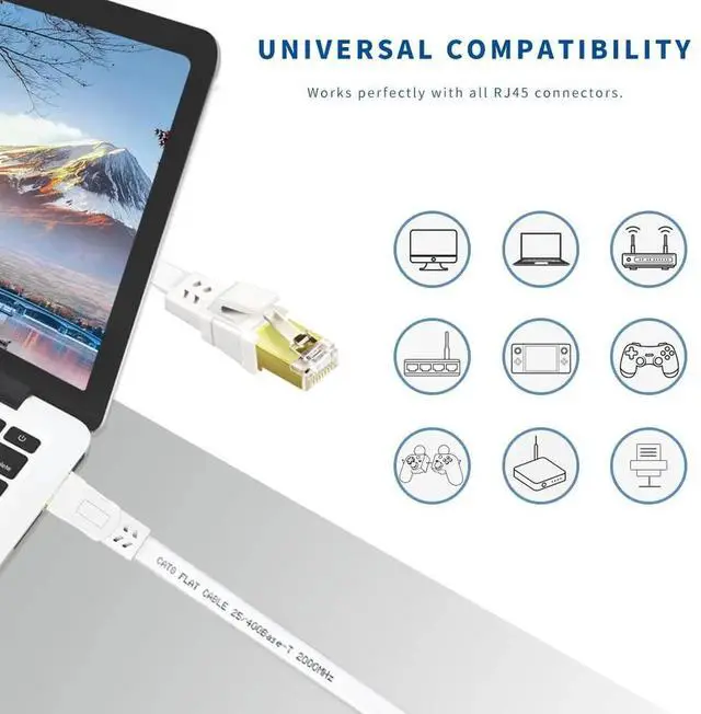 Alt view image 5 of 7 - Cat 8 Ethernet Cable 40FT, High Speed Heavy Duty Cat8 Internet Ethernet Cable, 40Gbps 2000Mhz SFTP RJ45 Flat Cable Shielded in Wall, Suitable for Indoor and Outdoor - White