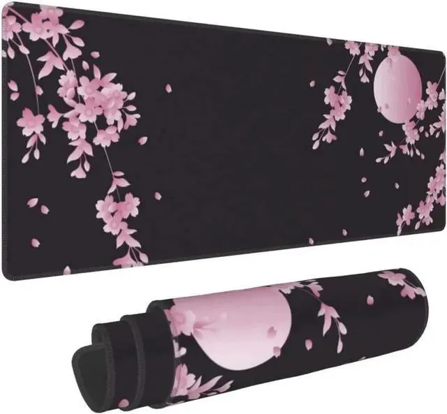 Alt view image 5 of 7 - Cherry Blossom Extended Gaming Mouse Pad Non-Slip Rubber Base Pink Large Mousepad 31.5x11.8in with Stitched Edge Waterproof Flower Keyboard Pads Black Desk Laptop Mats for Work/Game/Office