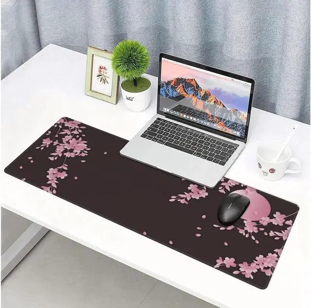Alt view image 4 of 7 - Cherry Blossom Extended Gaming Mouse Pad Non-Slip Rubber Base Pink Large Mousepad 31.5x11.8in with Stitched Edge Waterproof Flower Keyboard Pads Black Desk Laptop Mats for Work/Game/Office