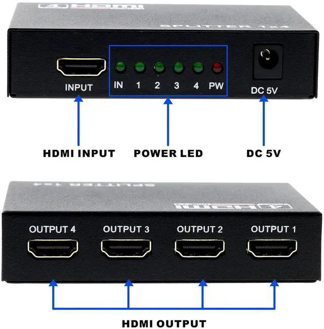 Alt view image 5 of 7 - HDMI Splitter 1 in 4 Out 4 Port 1x4 Full HD 1080P HDMI 1.4 Splitter with Switcher Converter Support 3D 2K 4K Digital Audio Format