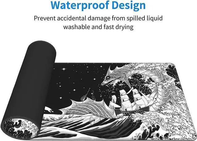 Alt view image 6 of 7 - Black and White Waves Sea Dragon Gaming Mouse Pad XL, Extended Large Mouse Mat Desk Pad, Stitched Edges Mousepad, Long Non-Slip Rubber Base Mice Pad, 31.5 X 11.8 Inch