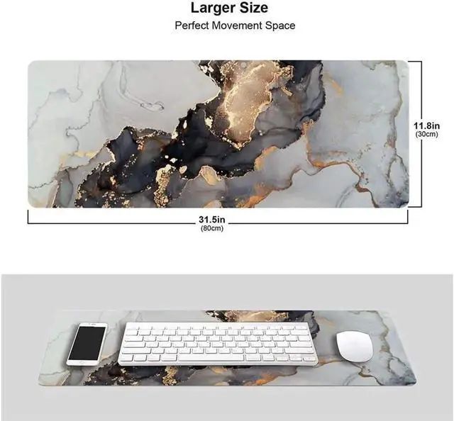 Alt view image 4 of 4 - Black White Ink Marble Art Painting Gaming Mouse Pad Long Extended XL Mousepad Desk Pad Large Rubber Mice Pads Stitched Edges 31.5 X 11.8 Inch
