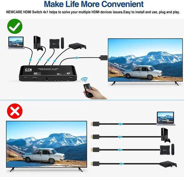 Alt view image 5 of 7 - 4K@60Hz 4x1 HDMI Switch Audio Extractor with Optical Toslink SPDIF/Coaxial/3.5mm Audio Out, 4 Ports HDMI 2.0b Switcher with Remote Control Support ARC, HDCP 2.2, 3D