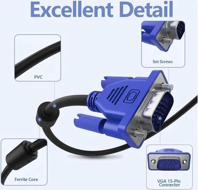 Alt view image 6 of 7 - VGA to VGA Monitor Cable, 15 pin 1080P Full HD Male to Male Cor for Computer PC Laptop to Monitor Screen Projector with VGA Plug Port (5 Feet)
