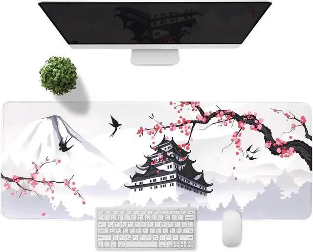 Alt view image 7 of 7 - Cherry Blossom White Gaming Mouse Pad XXL Large Gaming Laptop Anime Mouse Pad Sakura Big Desk Pads Extended PC Keyboard Waterproof and Non-Slip 31.5x11.8inches Mices Pad