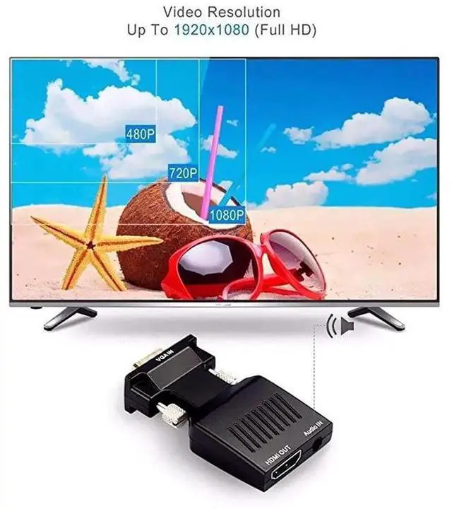 Alt view image 2 of 7 - VGA to HDMI Adapter 1080p VGA Male to HDMI Female Video Audio Converter with USB Cable and 35mm Audio Cable for PC Monitor Projector TV