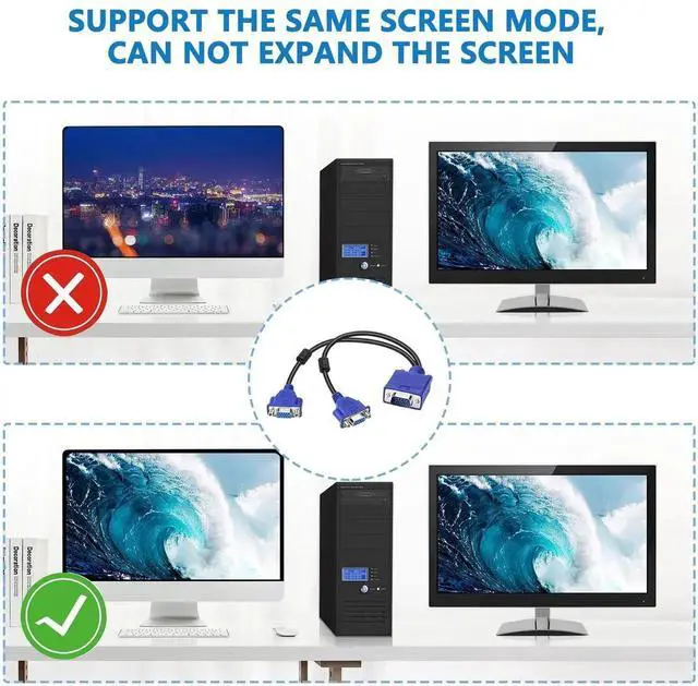 Alt view image 2 of 7 - Dual VGA Splitter Monitor Cable 1 Male to 2 Female Adapter Converter VGA Video Y Cable Cord for Screen Duplication