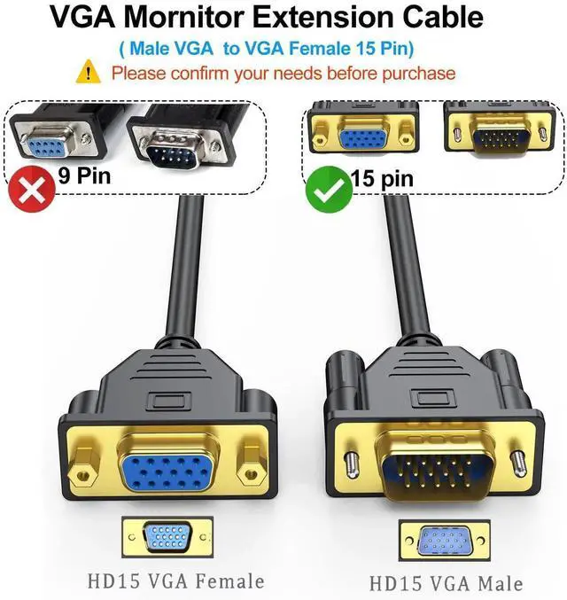 Alt view image 5 of 7 - VGA Extension Cable, VGA Cable Male to Female 6 Feet 15 Pin (Not 9 Pin), SVGA Male to Female HD15 Monitor Video Adapter Cable Support 1080P Full HD for Laptop, PC, Projector, HDTV, Display