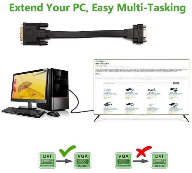 Alt view image 7 of 7 - Active DVI-D Dual Link 24+1 Male to VGA Female Video with Flat Cable Adapter Converter Black