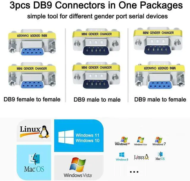Alt view image 2 of 7 - Serial Adapter 3-Pack (DB9 F-F, M-F, M-M), Mini Size RS232 Coupler, Female to Male 9 Pin Connector, for PC Computer Data Transfer