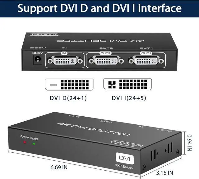 Alt view image 4 of 7 - DVI Splitter 1 in 2 Out 2 Port DVI Dual Monitors Distribution Duplicator Video Splitter Support EDID Management Resolution up to 4K30Hz for PC Laptop DVR Projector HDTV