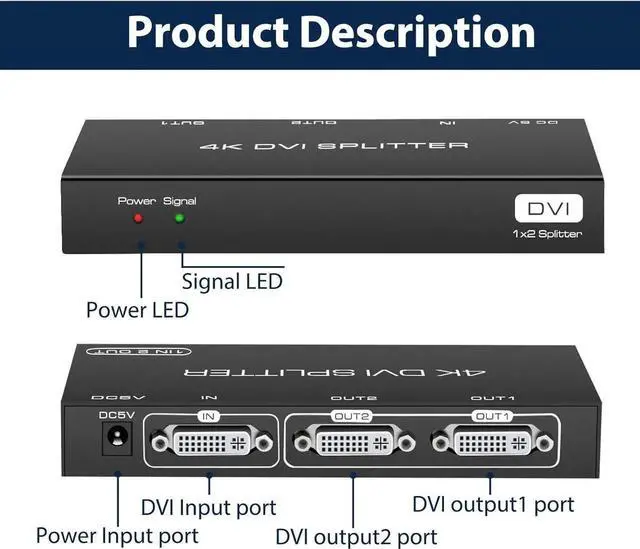 Alt view image 6 of 7 - DVI Splitter 1 in 2 Out 2 Port DVI Dual Monitors Distribution Duplicator Video Splitter Support EDID Management Resolution up to 4K30Hz for PC Laptop DVR Projector HDTV
