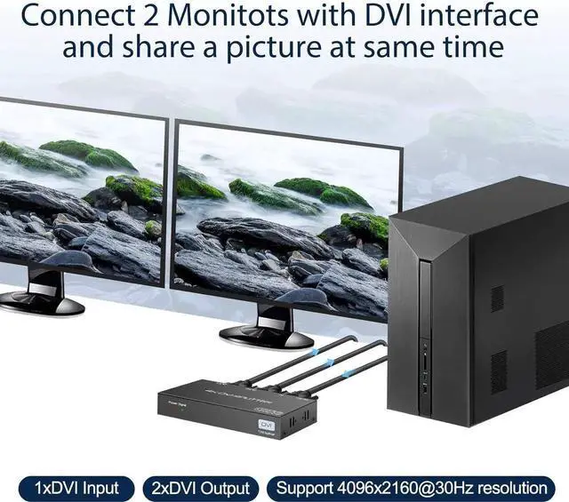 Alt view image 2 of 7 - DVI Splitter 1 in 2 Out 2 Port DVI Dual Monitors Distribution Duplicator Video Splitter Support EDID Management Resolution up to 4K30Hz for PC Laptop DVR Projector HDTV