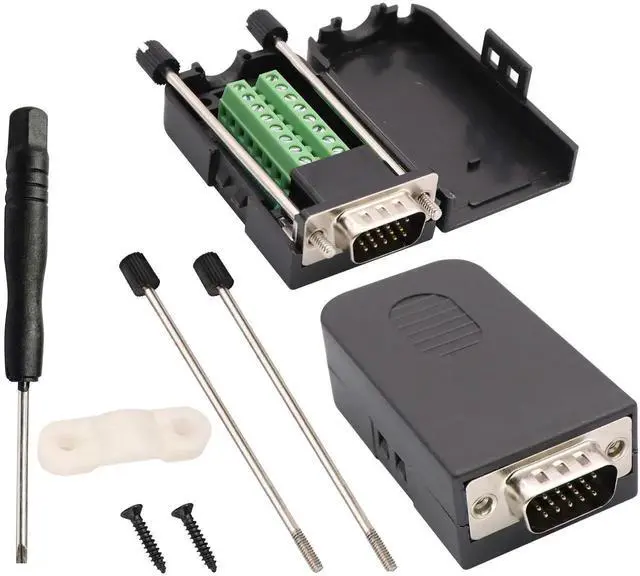 Main image of VGA Screw Terminal Block Adapter D-SUB 15 Pin 3 Row DB15 VGA Male to 16 Pin/Way Female Serial Terminal Breakout Board Connector Signal Module with case (2Pcak/Male)