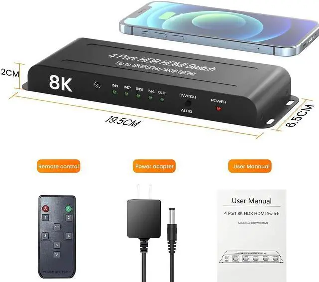Alt view image 7 of 7 - 8K HDMI 2.1 Switch 4 in 1 Out, 4K@120Hz HDMI Switcher Selector 4 Port with IR Remote Support 8K@60Hz, Auto Switch, HDCP 2.3, HDR 10+, VRR, CEC for Xbox, PS5, Fire Stick, Projector