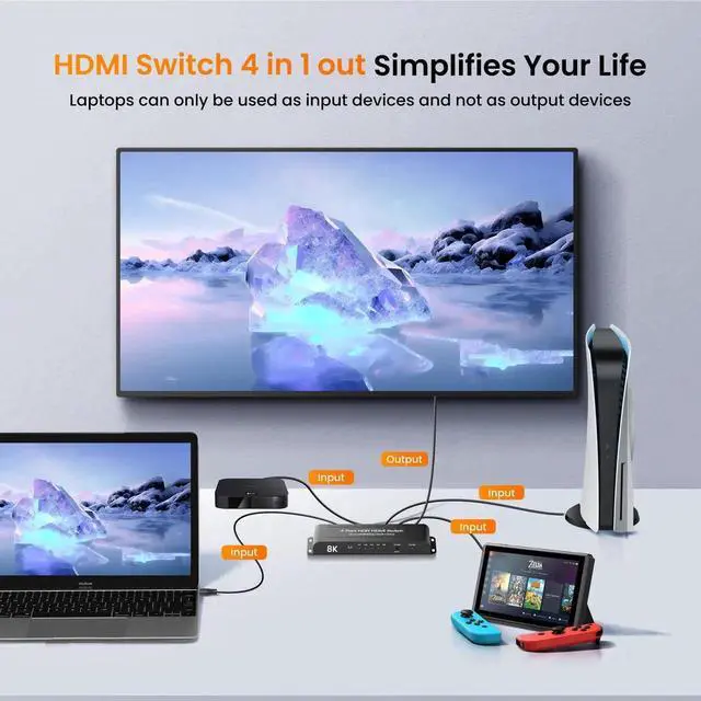 Alt view image 5 of 7 - 8K HDMI 2.1 Switch 4 in 1 Out, 4K@120Hz HDMI Switcher Selector 4 Port with IR Remote Support 8K@60Hz, Auto Switch, HDCP 2.3, HDR 10+, VRR, CEC for Xbox, PS5, Fire Stick, Projector