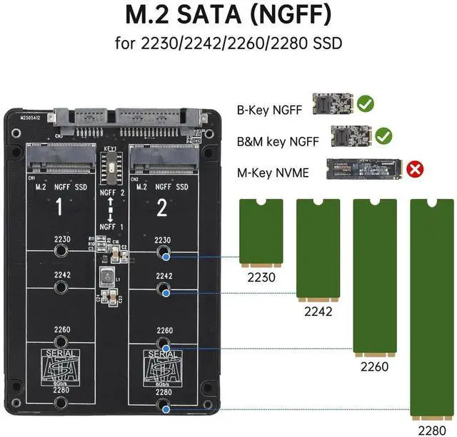 Alt view image 3 of 6 - M.2 SATA NGFF to SATA Adapter (Not Support NVME/ M.2 PCIE) 6Gbps Dual NGFF MSATA B Key/ B&M Key SSD to 2.5" III Converter Adapter Max 4TB Support 2230 2242 2260 2280 SSDs