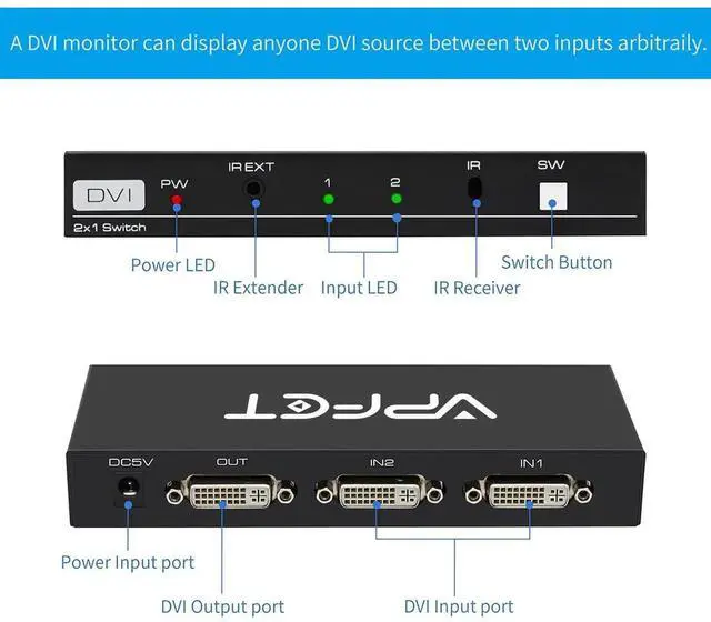 Alt view image 4 of 5 - DVI Switch 2 in 1 Out 4K Port Switcher Selector for PC Laptop DVR Projector HDTV Devices HDCP