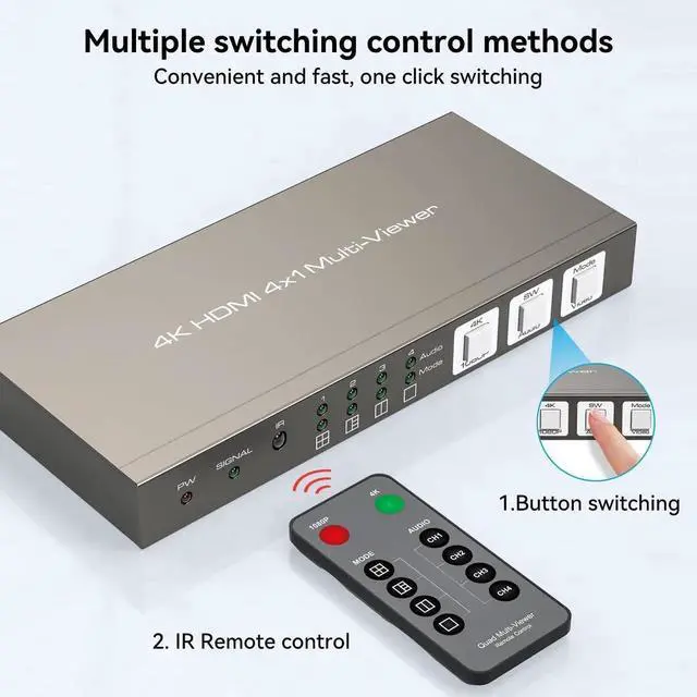 Alt view image 2 of 7 - HDMI Multiviewer 4x1 4 Port Multi-Picture Seamless Switch 4 Input 1 Output Split Screen TV, Support 4K@30Hz 1080P60Hz Applicable to Display Multiple Signal Sources on The Same Monitor