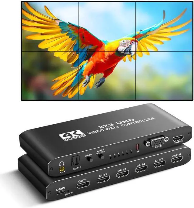 Main image of 4K HDMI Video Wall Controller 2x3, Video Wall Processor with Audio Out and RS232, 180° Rotation Only for 2x2 Mode, Supports 14 Splicing Modes Including 2x2, 2x3, 3x2, 1x6