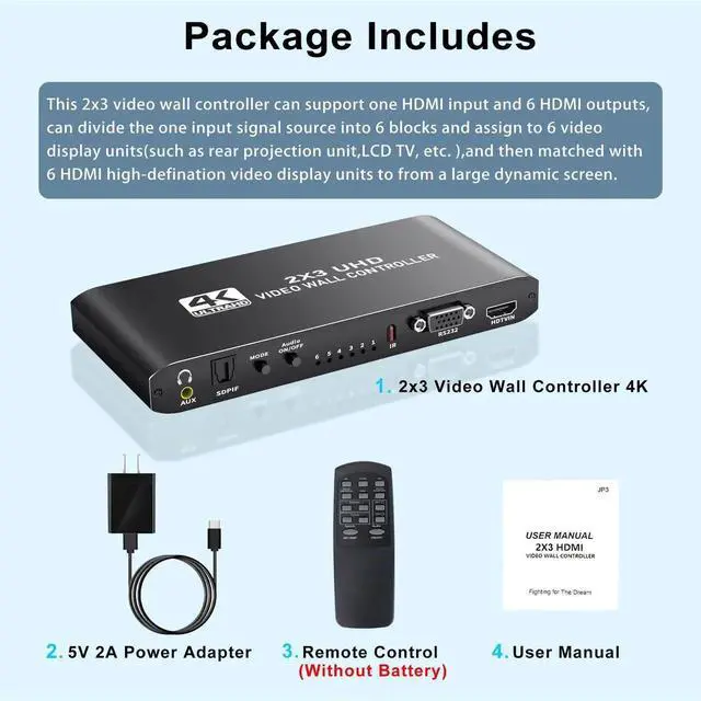 Alt view image 5 of 7 - 4K HDMI Video Wall Controller 2x3, Video Wall Processor with Audio Out and RS232, 180° Rotation Only for 2x2 Mode, Supports 14 Splicing Modes Including 2x2, 2x3, 3x2, 1x6