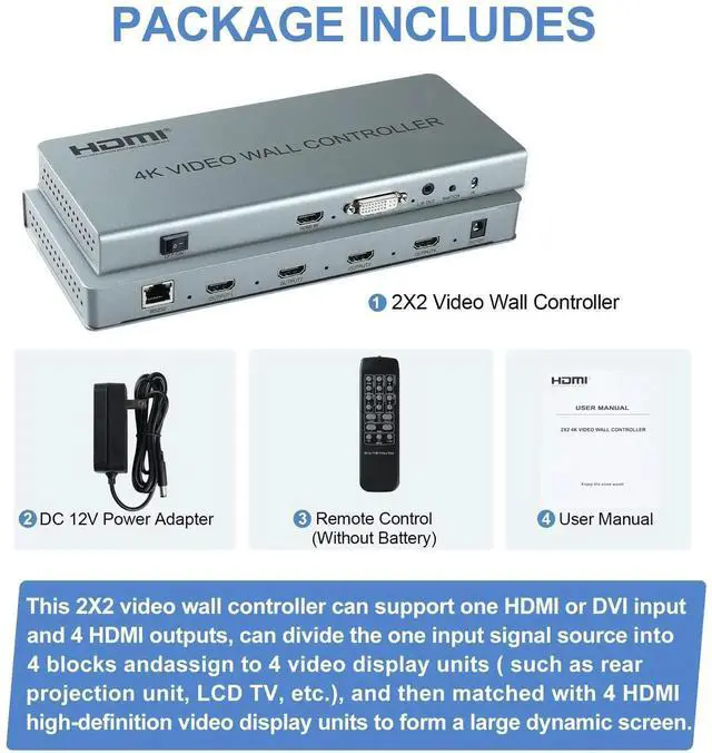 Alt view image 6 of 7 - 2x2 HDMI Video Wall Controller, 1080P@60Hz HDMI DVI TV Wall Processor, 4K Video Image Processor, Hdmi & DVI Input with RS232, 180 Degree Rotate, Support 2x2 1x2 1x3 1x4 2X1 3x1 4x1