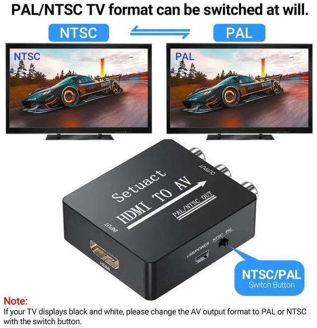 Alt view image 4 of 4 - HDMI to AV Converter, HDMI to RCA Converter, Supports PAL/NTSC for Apple TV, Roku, Fire Stick, Blu-ray, DVD Player, Older TV, Projector, (with Male RCA Cables)