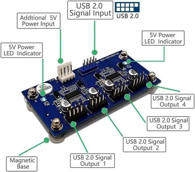 Alt view image 2 of 6 - 9pin USB Header Male 1 to 4 Male Extension Cable Card USB 2.0 HUB 9 pin Connector Adapter + SATA Power Magnetic Base for Desktop
