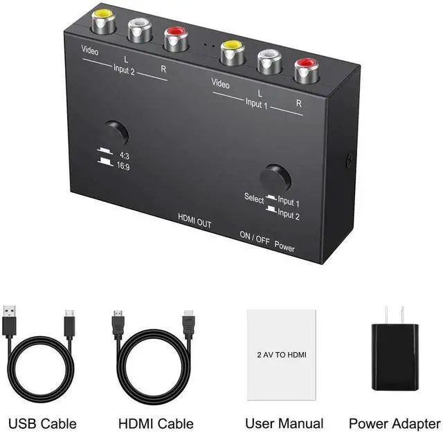 Alt view image 5 of 7 - 2 AV to HDMI, 1080P/720P TV 2 Way RCA Composite CVBS AV Switch to HDMI Video Audio Converter Adapter Support 4:3/16:9 Switching, for Sega Xbox PS2 PS3 N64 NGC SNES WII VHS VCR Camera DVD