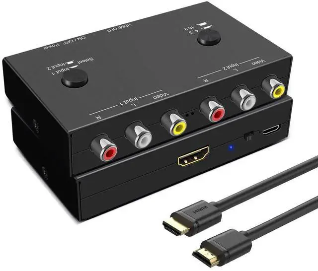Main image of 2 AV to HDMI, 1080P/720P TV 2 Way RCA Composite CVBS AV Switch to HDMI Video Audio Converter Adapter Support 4:3/16:9 Switching, for Sega Xbox PS2 PS3 N64 NGC SNES WII VHS VCR Camera DVD