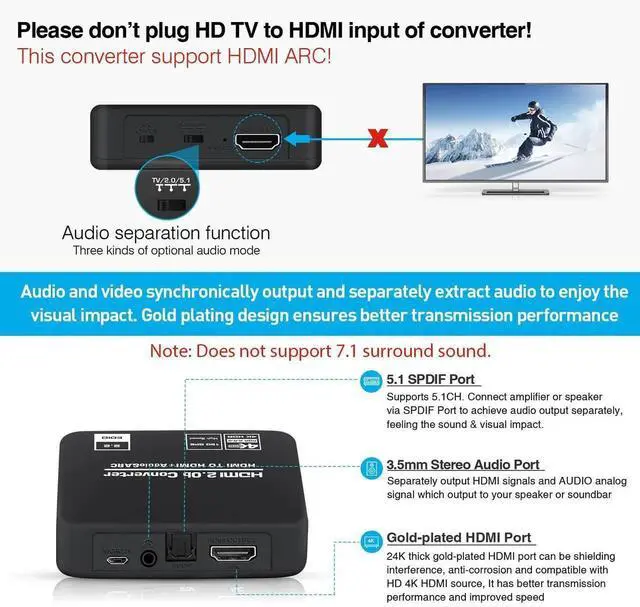 Alt view image 3 of 7 - 4K@60Hz HDMI 2.0b Audio Extractor Converter Adapter Splitter, HDMI ARC + Optical Toslink SPDIF + 3.5mm Stereo Audio Out, Support HDCP2.2 Digital PCM DTS 5.1, (Optical/HDMI Cables Included)