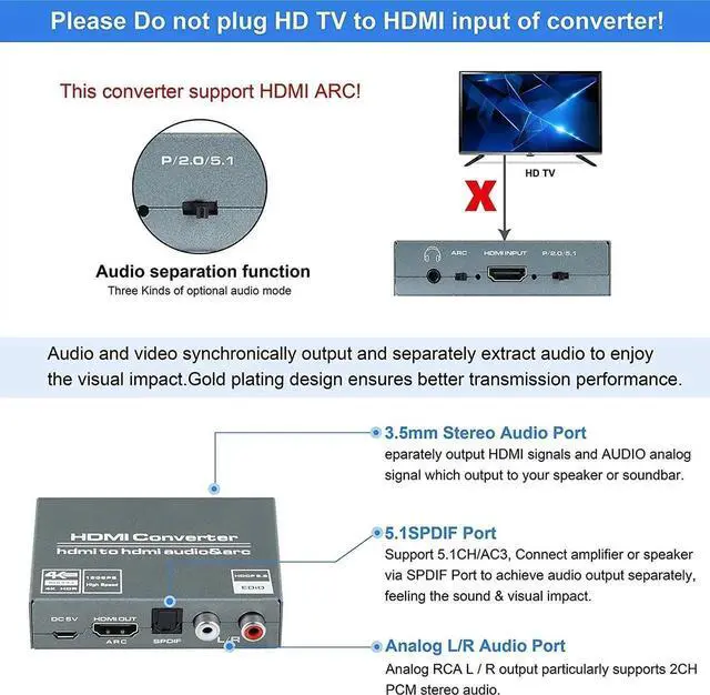 Alt view image 3 of 7 - 4K@60HZ HDMI Audio Extractor, HDMI to HDMI with Optical TOSLINK SPDIF + 5.1/2CH + 3.5mm RCA R/L Audio Converter HDMI Audio Splitter Adapter Supports HDMI 2.0, HDCP 2.2, 18Gpbs for PS5