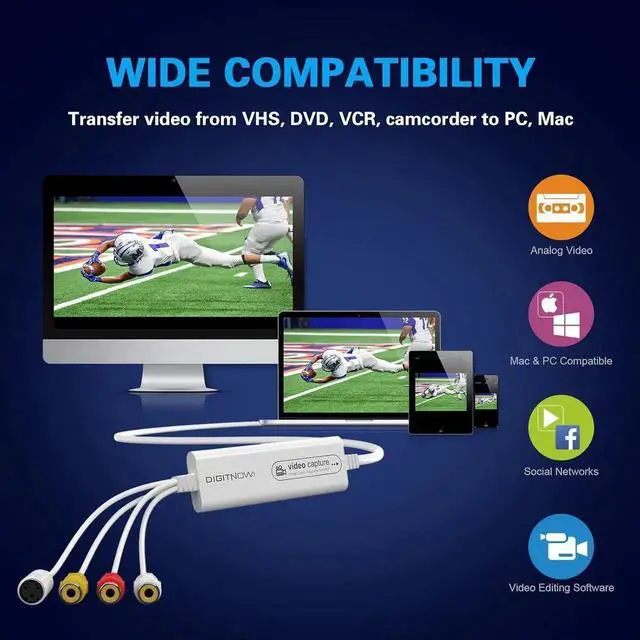 Alt view image 2 of 7 - VHS to Digital Converter, Video Capture USB 2.0 Capture Card Device, Convert Analog to Digital, with VHS Hi8 VCR TV Mini DV to DVD Digital Adapter, for Mac OS Android WinXP/7/8/10