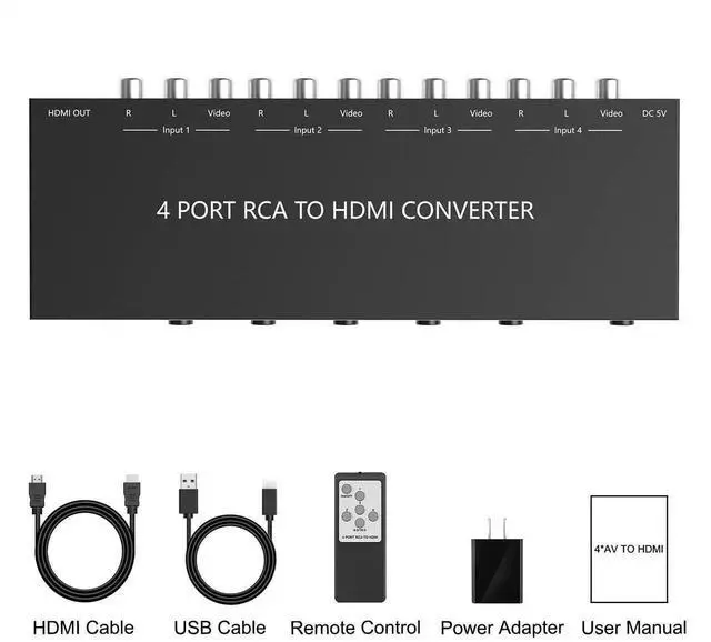 Alt view image 7 of 7 - 4 AV to HDMI, 1080P/720P 4 Way RCA Composite CVBS AV Switch to HDMI Converter Adapter Support 4:3/16:9 Switching, for Sega Xbox PS1 PS2 PS3 N64 NGC SNES WII VHS VCR Camera DVD with Remote