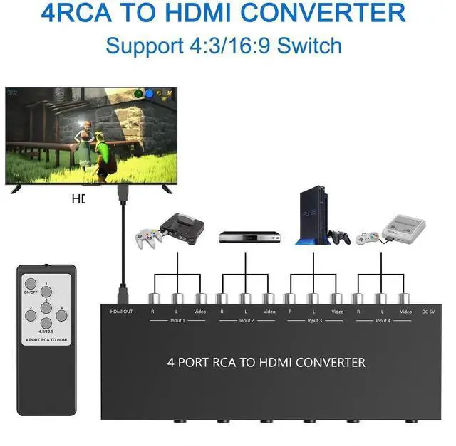 Alt view image 3 of 7 - 4 AV to HDMI, 1080P/720P 4 Way RCA Composite CVBS AV Switch to HDMI Converter Adapter Support 4:3/16:9 Switching, for Sega Xbox PS1 PS2 PS3 N64 NGC SNES WII VHS VCR Camera DVD with Remote