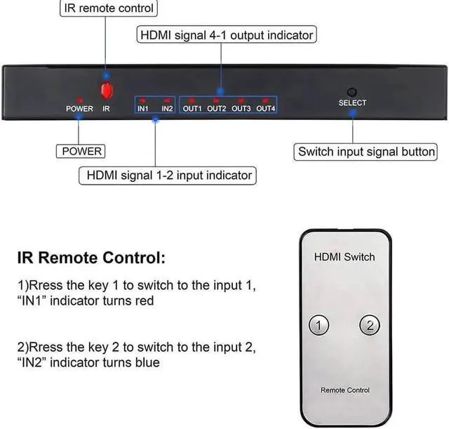 Alt view image 2 of 7 - 4K@60Hz HDMI Audio Extractor Splitter Switcher 2 in 4 Out with Remote, MOYOON 2-Port HDMI Switch with SPDIF Audio 3.5mm, Support 4K, 3D, HDMI2.0, HDCP2.2 for HDTV Blu-Ray, Fire Stick, Xbox, PS5