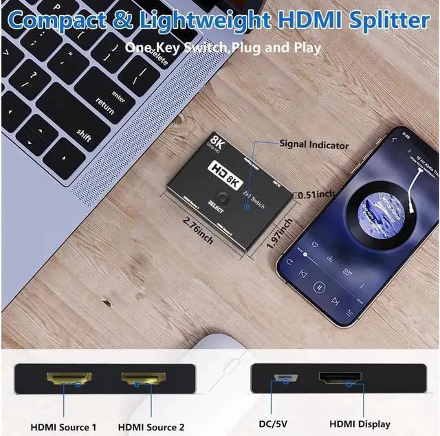 Alt view image 4 of 7 - HDMI Switch 8K 2 in 1 Out Directional HDMI 2.1 Splitter 8K 60Hz/ 4K 120Hz Converter 48Gbps High-Speed Transmission Splitter Compatible with Xbox PS3/4/5 Projectors Monitors