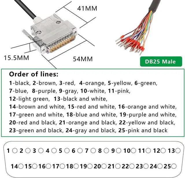Alt view image 2 of 7 - DB25 Connector Adapter RS232 25 Pin Serial Extension Cable Solderless 25-Pin Port Breakout Replacement Cable with Bare Wire - 1M/3.2Ft (DB25 Male)
