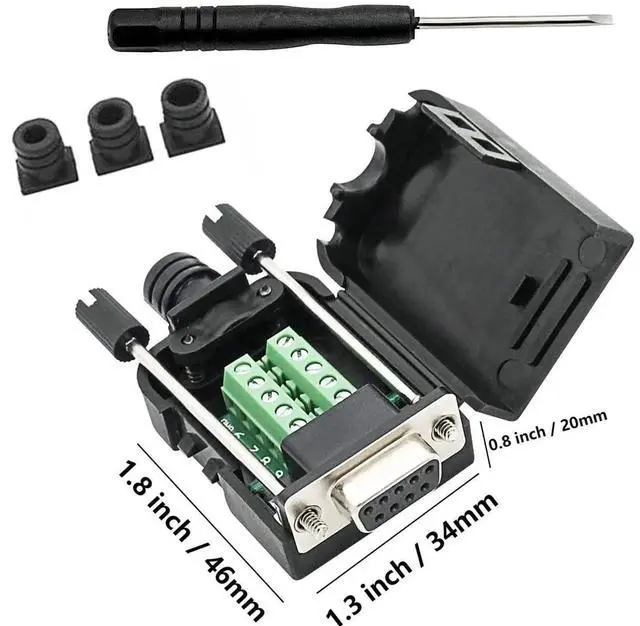 Main image of DB9 Breakout Connector to Wiring Solderless Terminal RS232 D-SUB Female Serial Adapter 9pin Port Breakout Board Black Rubber Core with Case,Screwdriver,Long Bolts