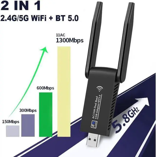 Alt view image 6 of 7 - Dual Band WiFi + Bluetooth 5.0 Wireless Network Card USB 3.0 1300M 802.11ac Adapter AC1300 With Antenna For Laptop PC 2.4GHz + 5.8GHz Mini Dongle