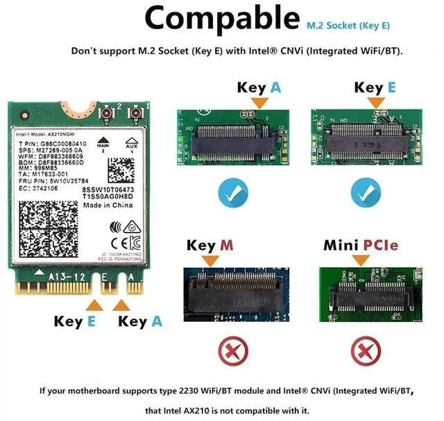 Alt view image 2 of 6 - 3000Mbps WiFi 6E Intel AX210 Bluetooth 5.2 M.2 2230 Key E WiFi 6 Card 2.4G/5Ghz/6Ghz With IPEX4 Antennas Wireless AX210NGW 802.11ac/ax WiFi Adapter, Support Windows 10 Linux For Laptop Desktop