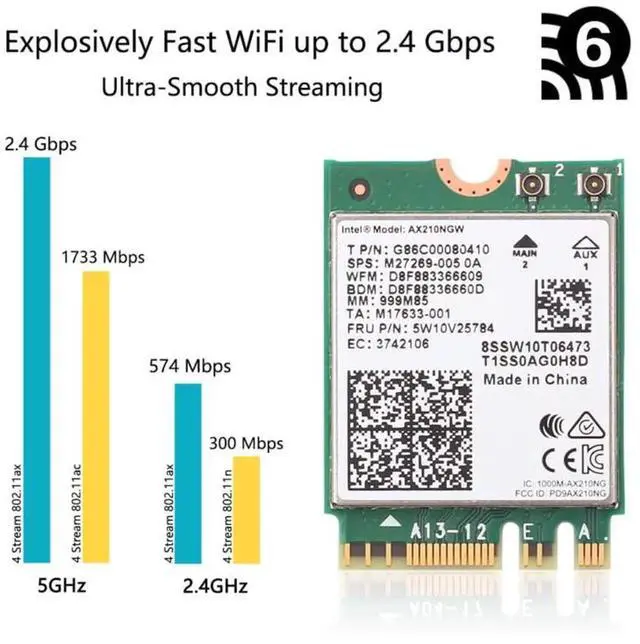 Alt view image 4 of 6 - 3000Mbps WiFi 6E Intel AX210 Bluetooth 5.2 M.2 2230 Key E WiFi 6 Card 2.4G/5Ghz/6Ghz With IPEX4 Antennas Wireless AX210NGW 802.11ac/ax WiFi Adapter, Support Windows 10 Linux For Laptop Desktop