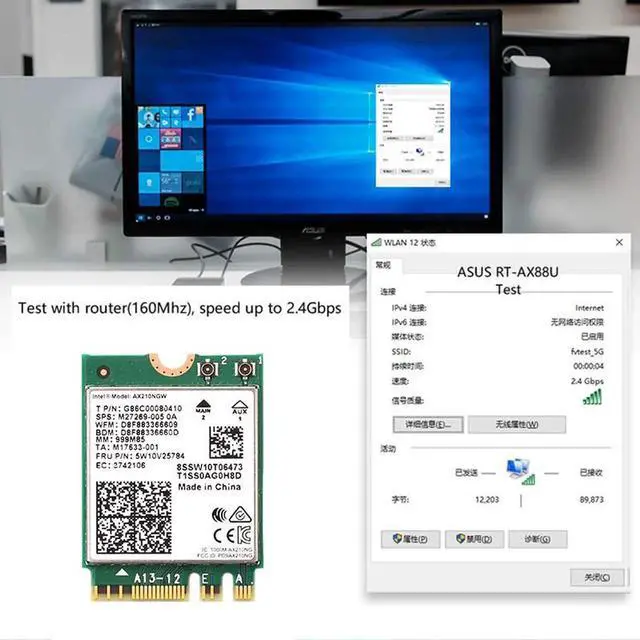 Alt view image 6 of 6 - 3000Mbps WiFi 6E Intel AX210 Bluetooth 5.2 M.2 2230 Key E WiFi 6 Card 2.4G/5Ghz/6Ghz With IPEX4 Antennas Wireless AX210NGW 802.11ac/ax WiFi Adapter, Support Windows 10 Linux For Laptop Desktop